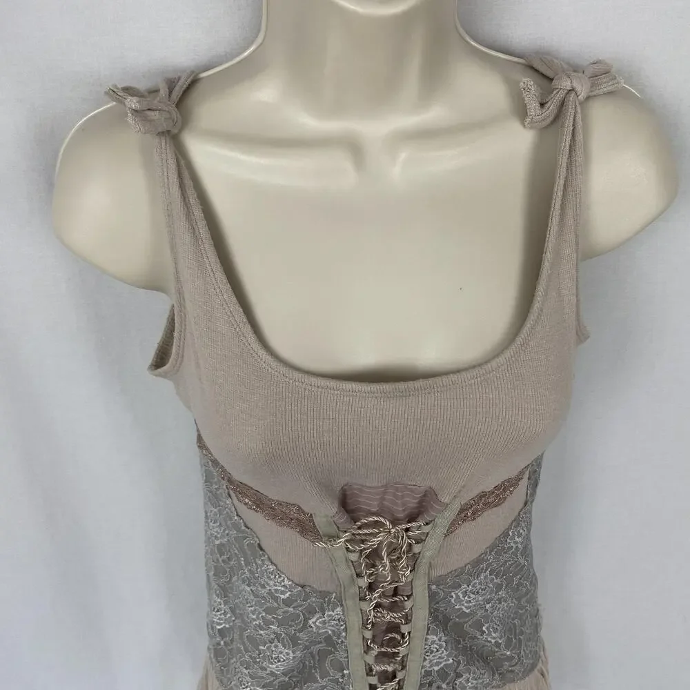 Free People Lace Corset Tank Top Medium Beige Blush Ruffle Fairy Grunge Ren Fair